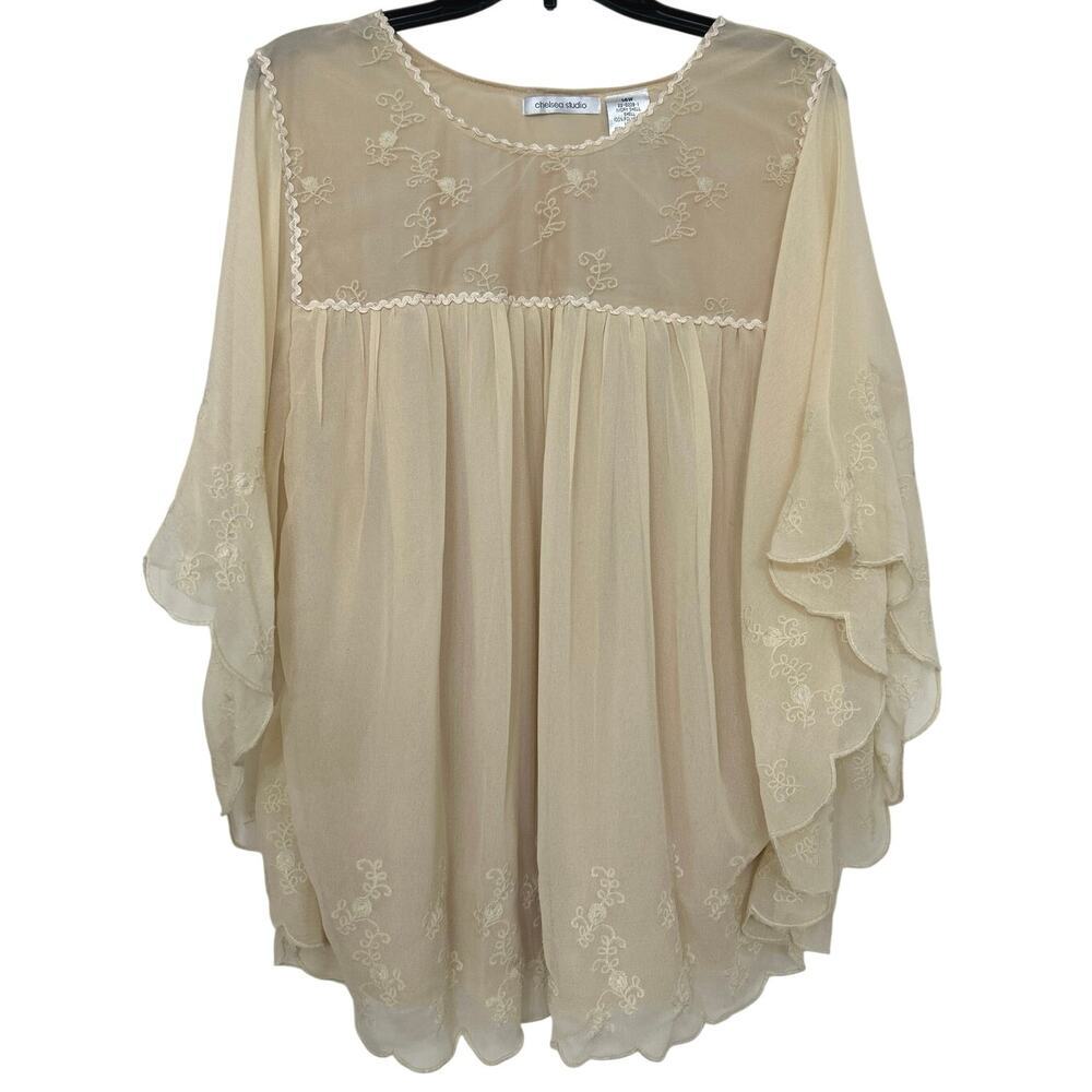 Chelsea Studio Ivory Chiffon Embroidered Fairy Whimsical Babydoll Blouse 14W